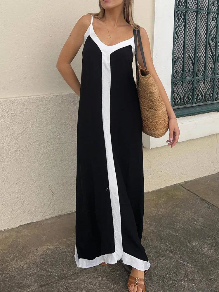 Colorblock Suspender Stylish Midi Dress Black / S