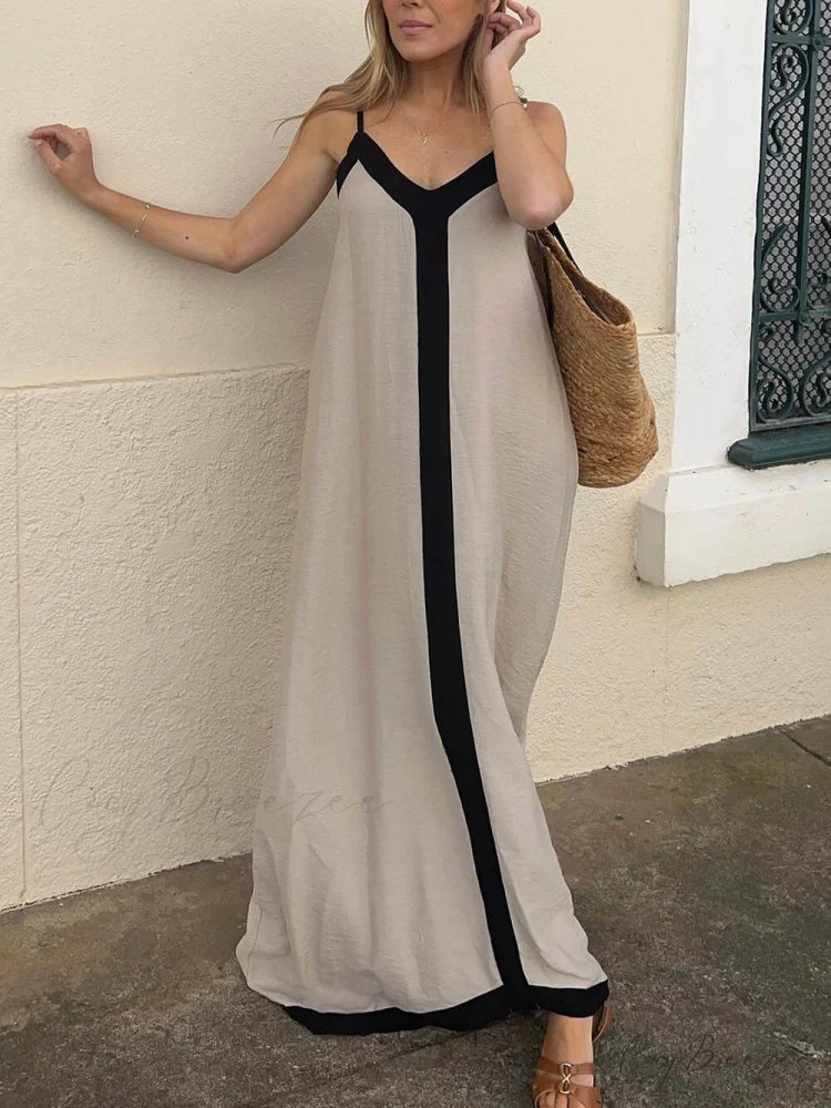 Colorblock Suspender Stylish Midi Dress Khaki / S
