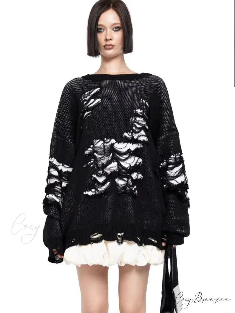 Colorblocking Torn Knit Pullover Sweater Black / S swraters-241228