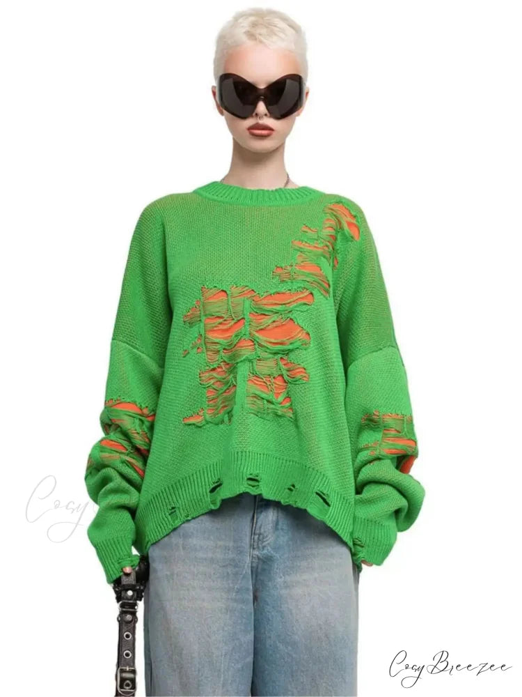 Colorblocking Torn Knit Pullover Sweater Green / S swraters-241228