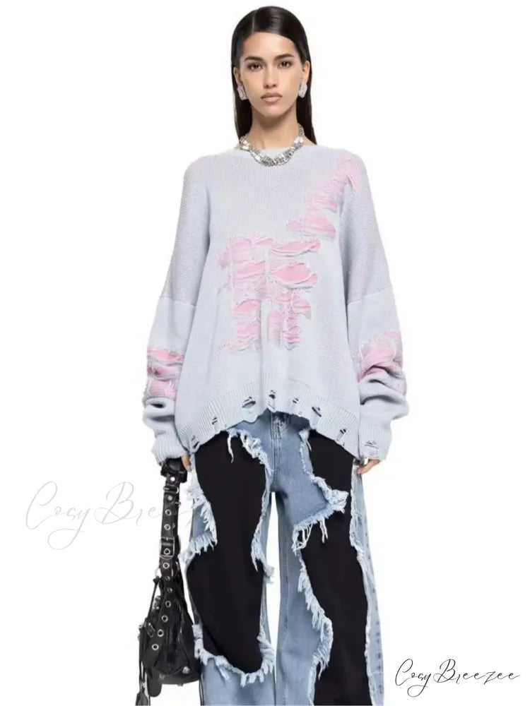 Colorblocking Torn Knit Pullover Sweater swraters-241228