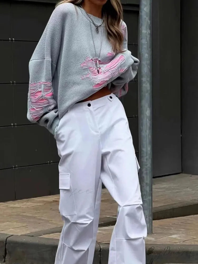 Colorblocking Torn Knit Pullover Sweater swraters-241228