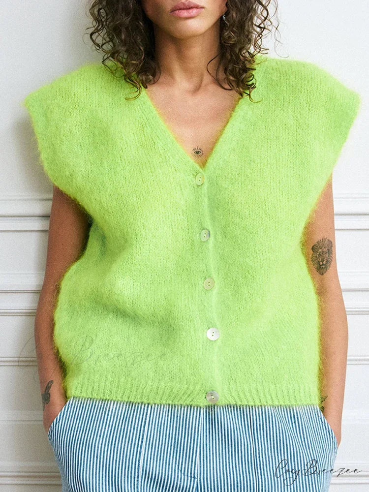 Colorful Furry Button-Up Sleeveless Cardigan Fluorescent Green / S cardigans-241228