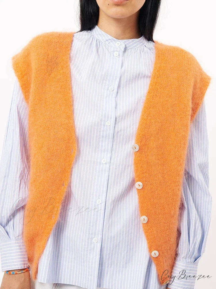 Colorful Furry Button-Up Sleeveless Cardigan Orange / S cardigans-241228
