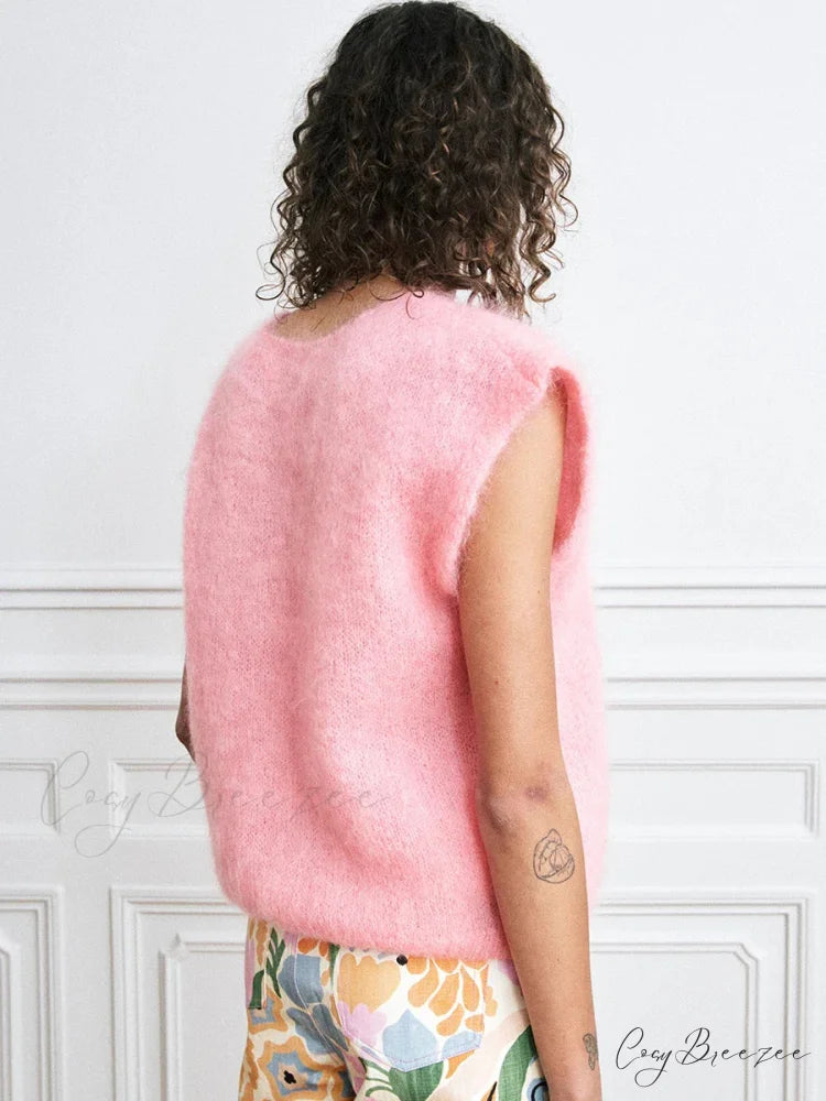 Colorful Furry Button-Up Sleeveless Cardigan Pink / S cardigans-241228