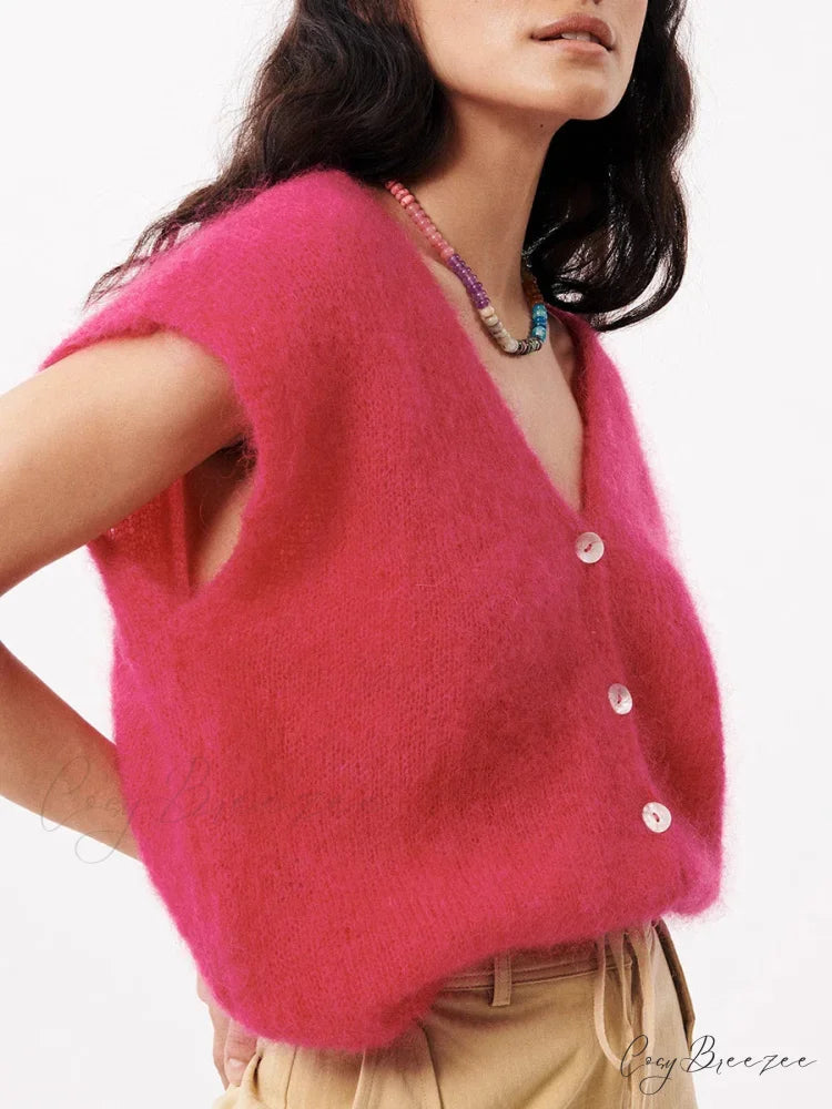 Colorful Furry Button-Up Sleeveless Cardigan Rose Red / S cardigans-241228