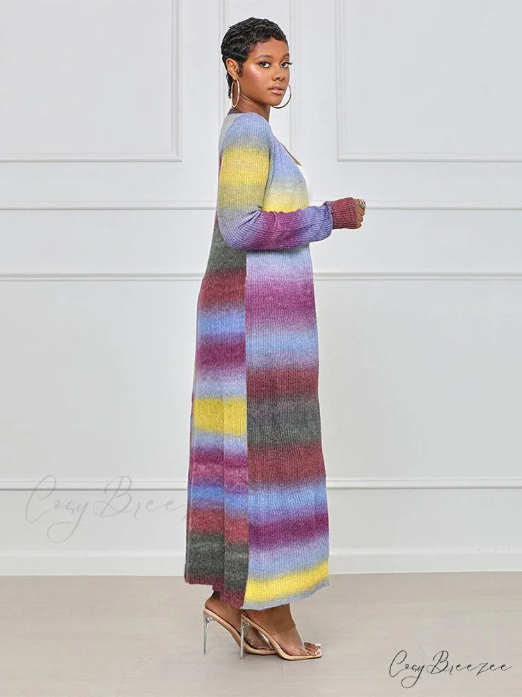 Colorful Panel Cut Out Modern Knit Midi Dress - Stripe