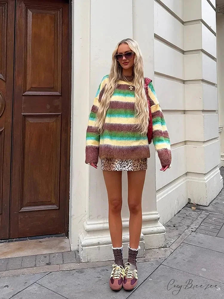 Colorful Striped High Neck Sweater swraters-241228