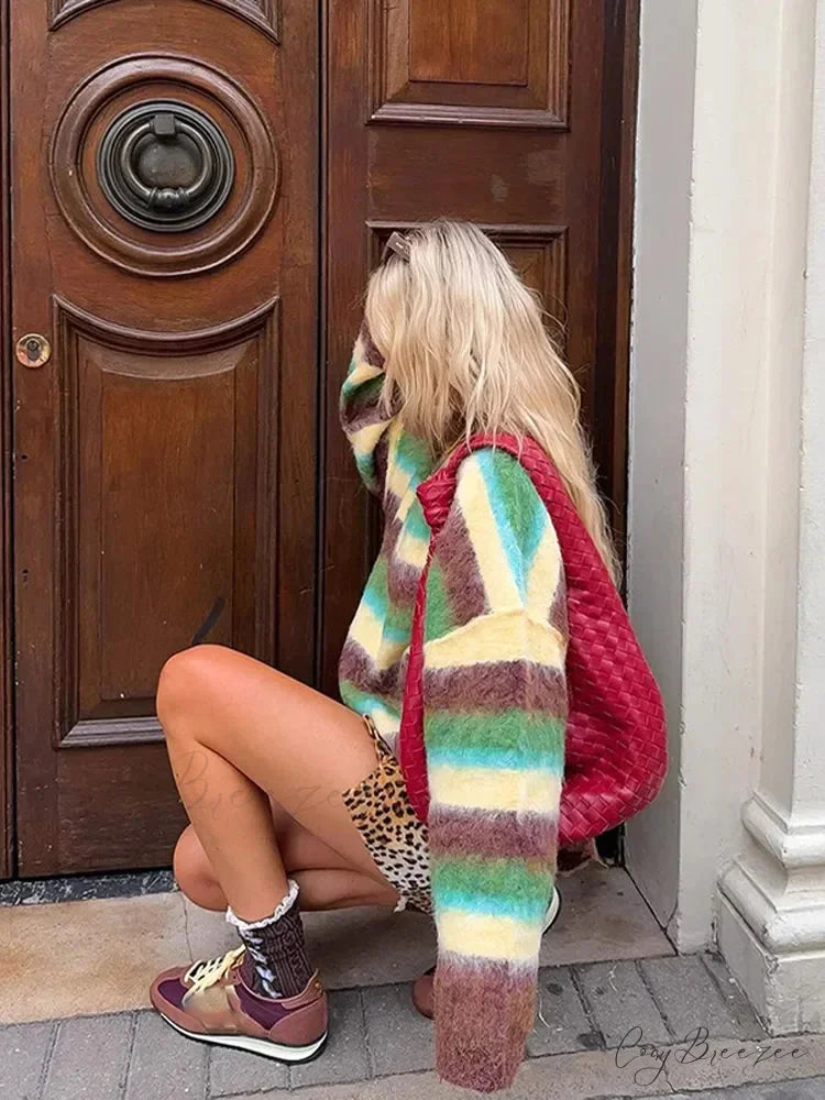 Colorful Striped High Neck Sweater swraters-241228