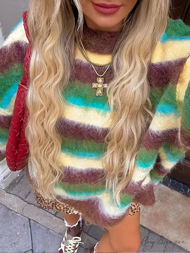 Colorful Striped High Neck Sweater swraters-241228