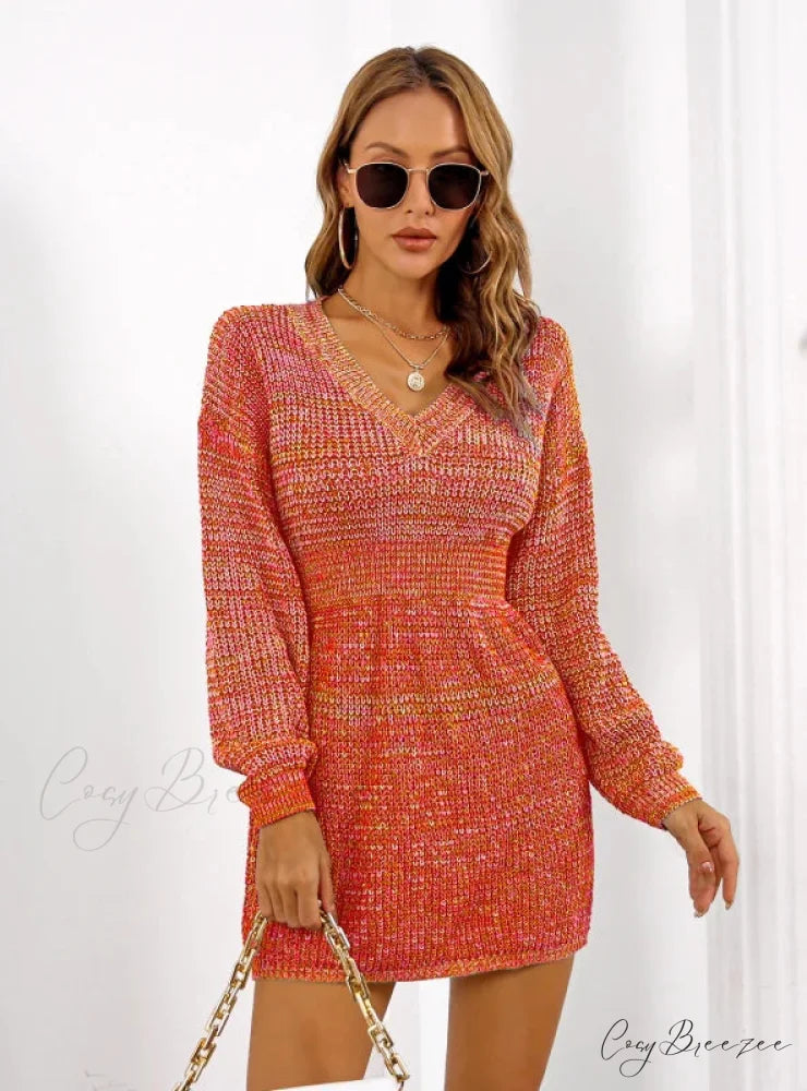 Colorful V-Neck Lantern Sleeve Sweater Dress S / green