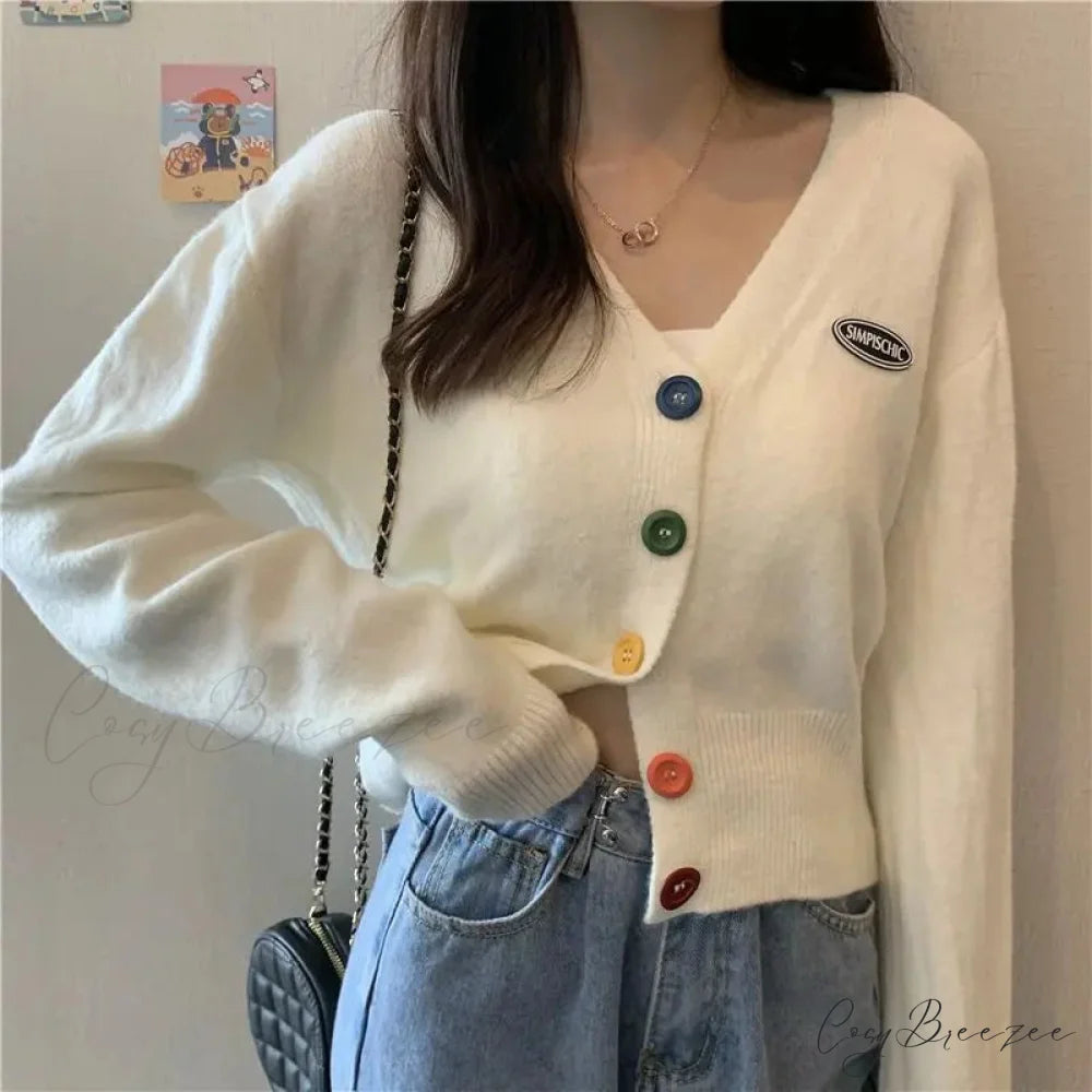 Colorful V-Neck Loose Long Sleeve Casual Knit Cardigan WHITE / S cardiagn-250126