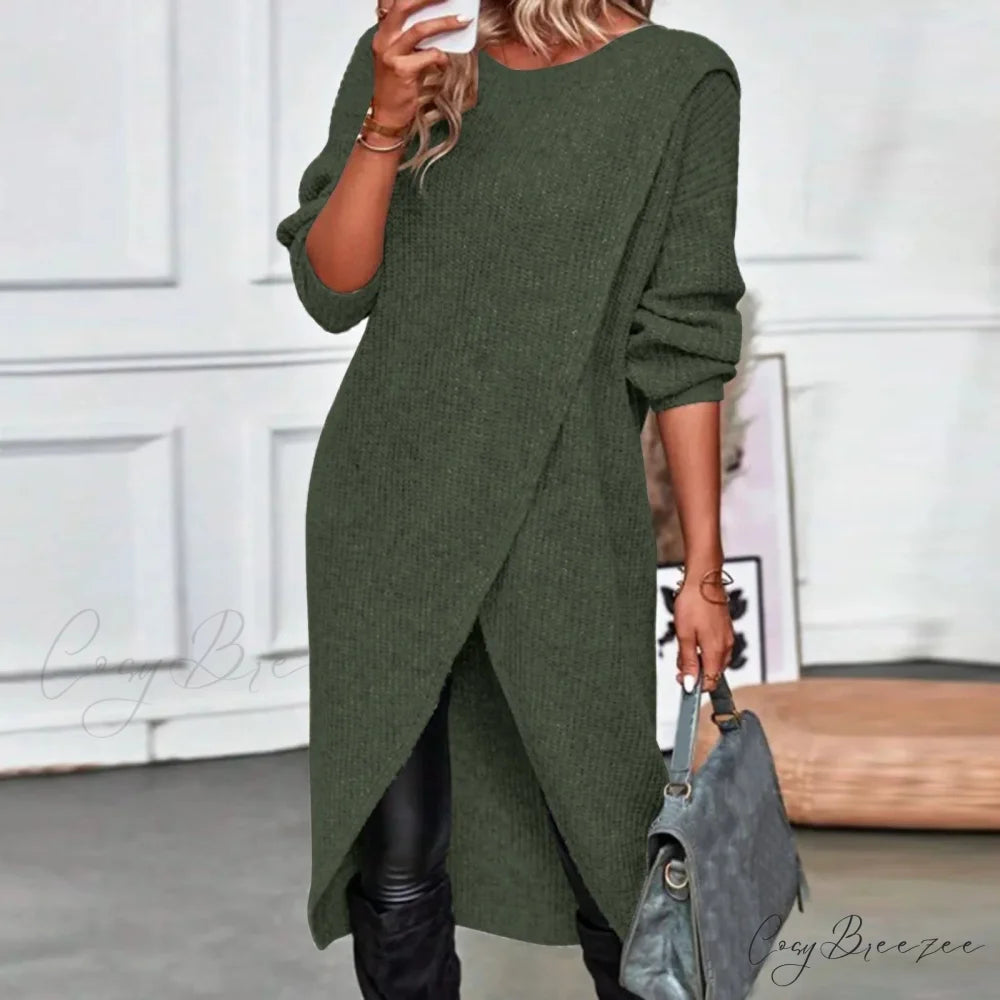 Commute Long Knit Coat Fashion Solid Midi Knitwear Warm Lady Vintage Harajuku Pullover Loose Slit Elegant Midi Dress