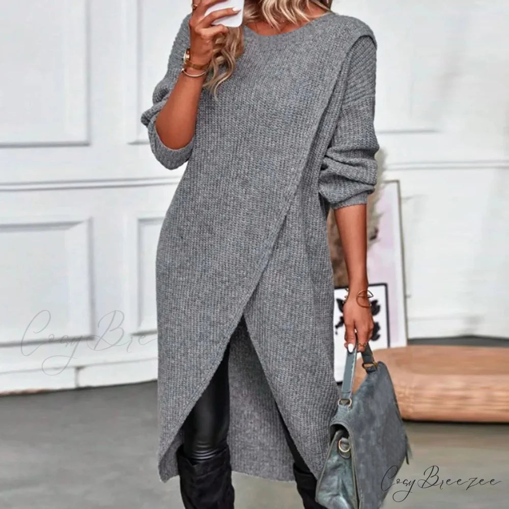 Commute Long Knit Coat Fashion Solid Midi Knitwear Warm Lady Vintage Harajuku Pullover Loose Slit Elegant Midi Dress