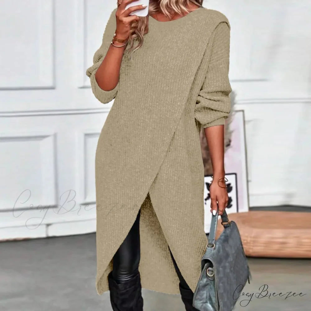 Commute Long Knit Coat Fashion Solid Midi Knitwear Warm Lady Vintage Harajuku Pullover Loose Slit Elegant Midi Dress