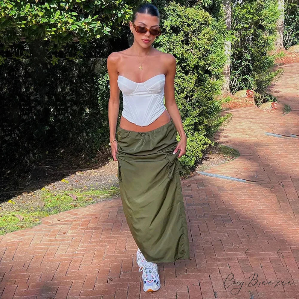 Concise Split Maxi Summer Pocket Drawstring Skirt