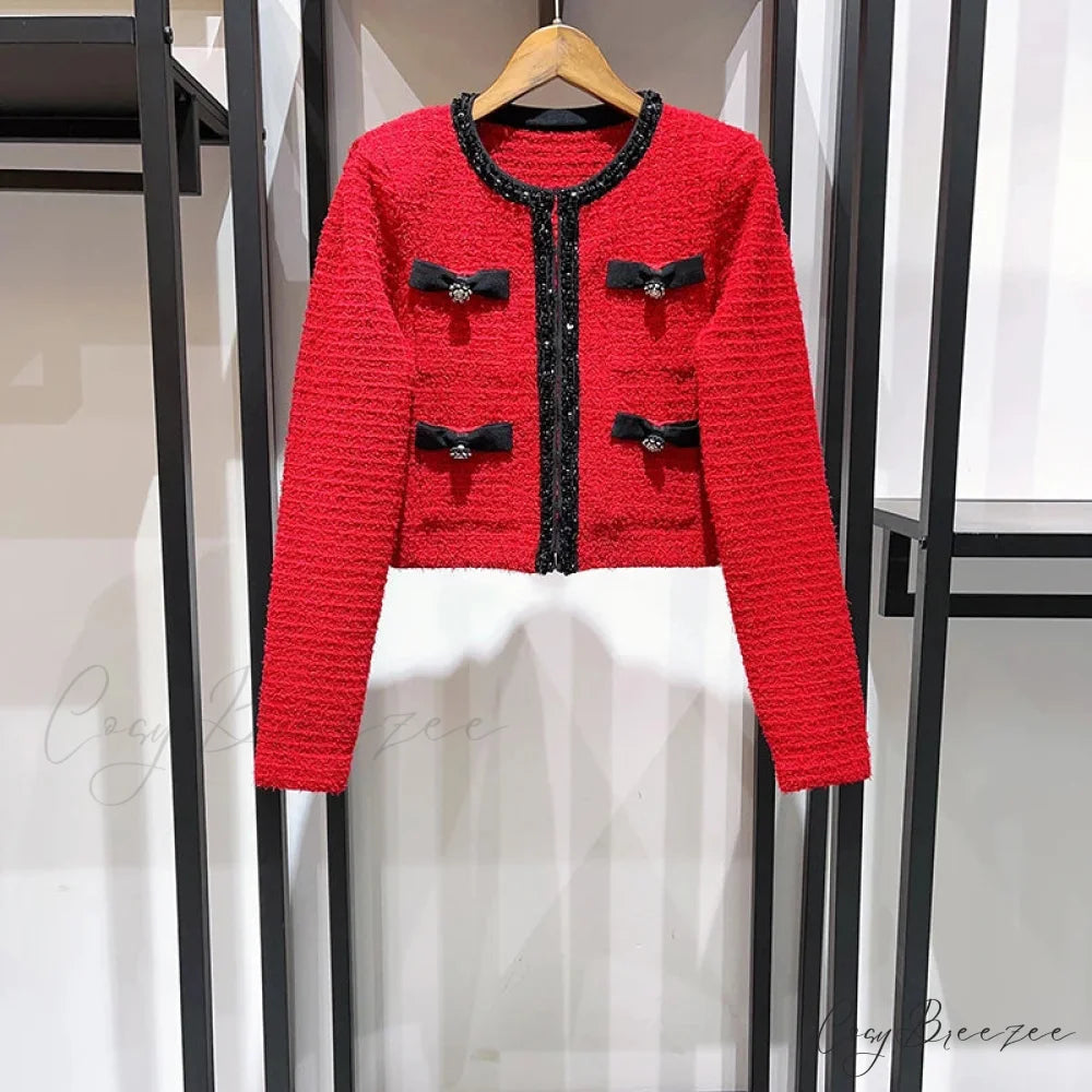 Contrast Bow Sequins Slim Knit Set Cardigan red top / S