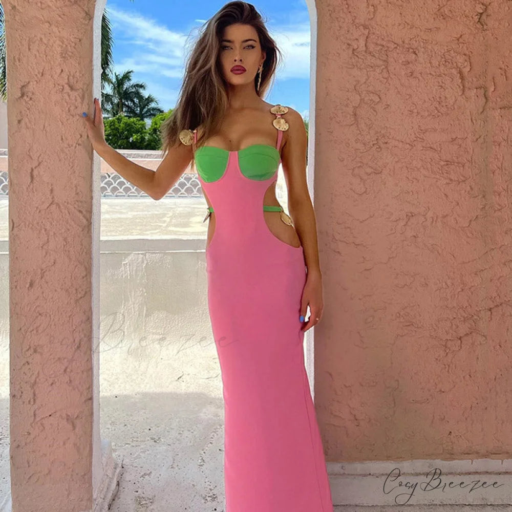 Contrast Color Shells Sleeveless Cutout Classic Party Mini Dress - Pink S / Pink