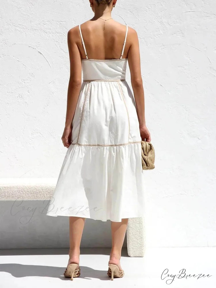 Contrast Color Trim Charming Adjustable Straps Midi Dress