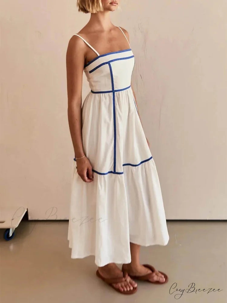 Contrast Color Trim Charming Adjustable Straps Midi Dress