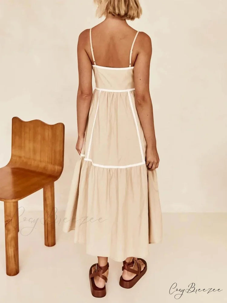 Contrast Color Trim Charming Adjustable Straps Midi Dress