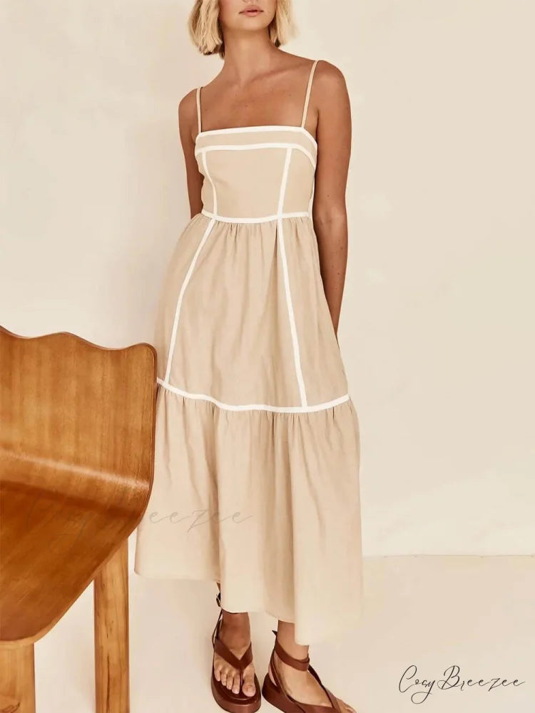 Contrast Color Trim Charming Adjustable Straps Midi Dress Apricot / S