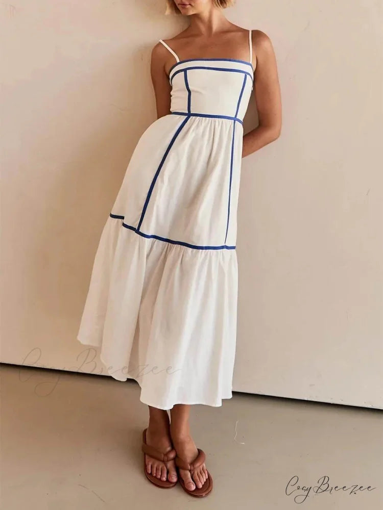 Contrast Color Trim Charming Adjustable Straps Midi Dress Blue / S
