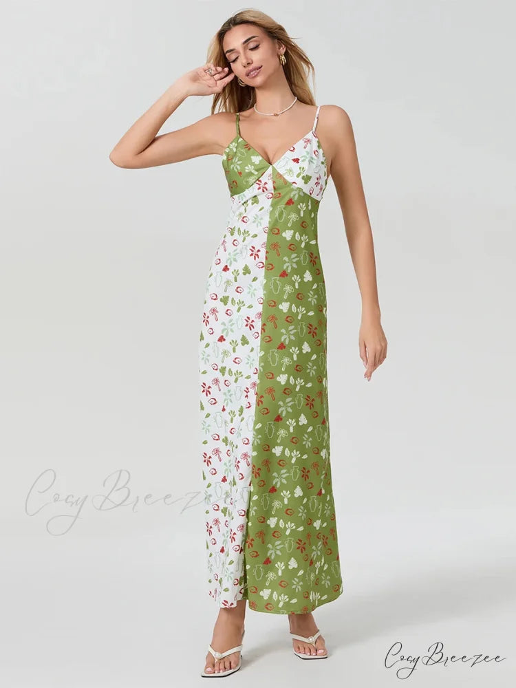 Contrast-color V-neck Spaghetti Strap Slip Dress floraldress-250126