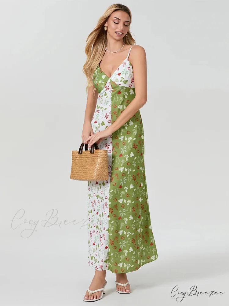 Contrast-color V-neck Spaghetti Strap Slip Dress floraldress-250126