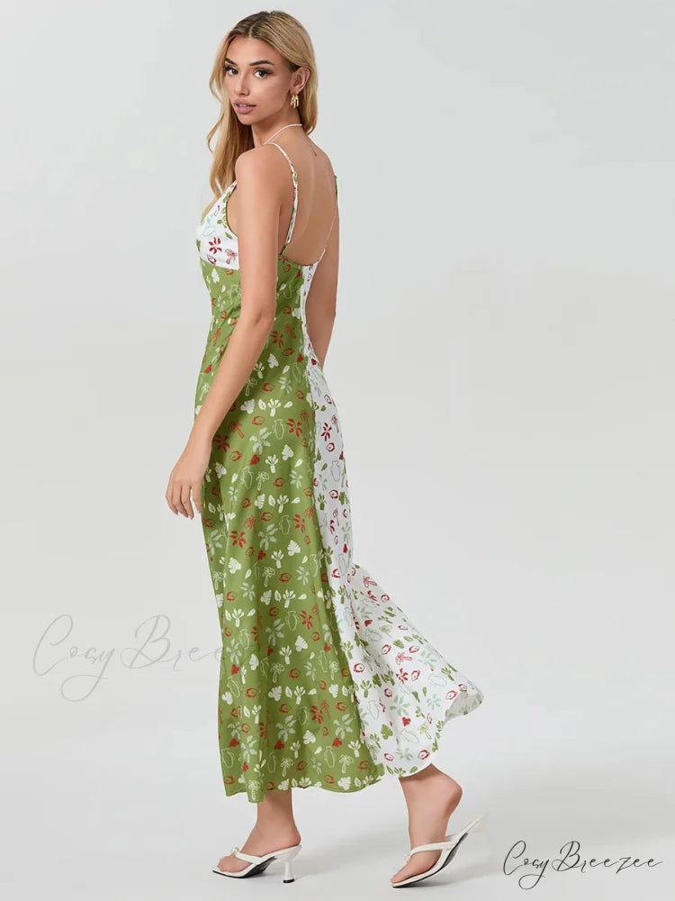 Contrast-color V-neck Spaghetti Strap Slip Dress floraldress-250126