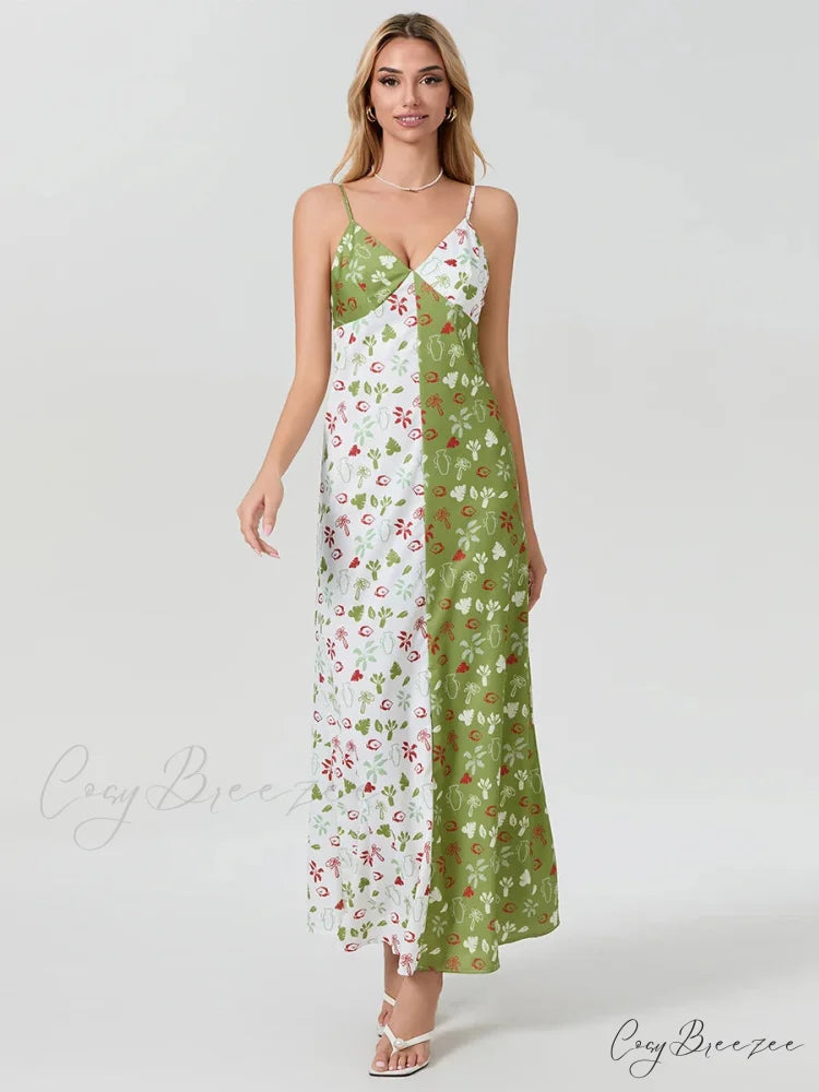 Contrast-color V-neck Spaghetti Strap Slip Dress floraldress-250126