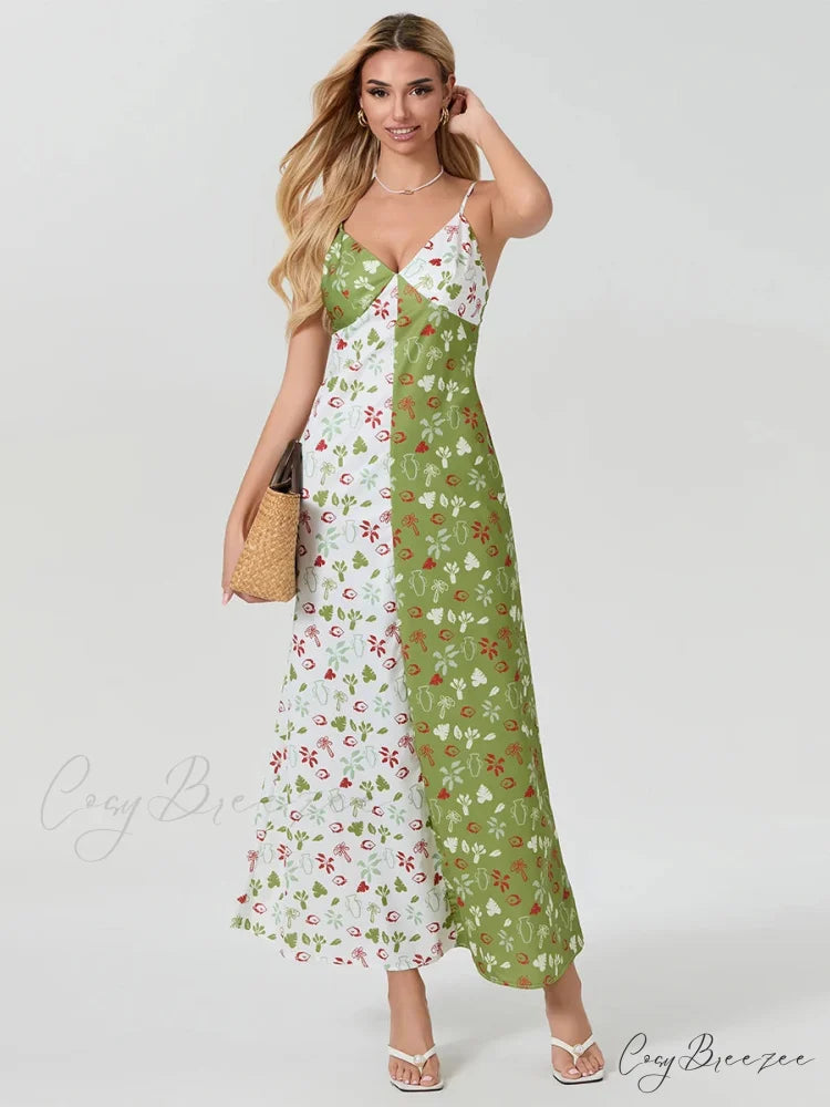 Contrast-color V-neck Spaghetti Strap Slip Dress MULTI / S floraldress-250126