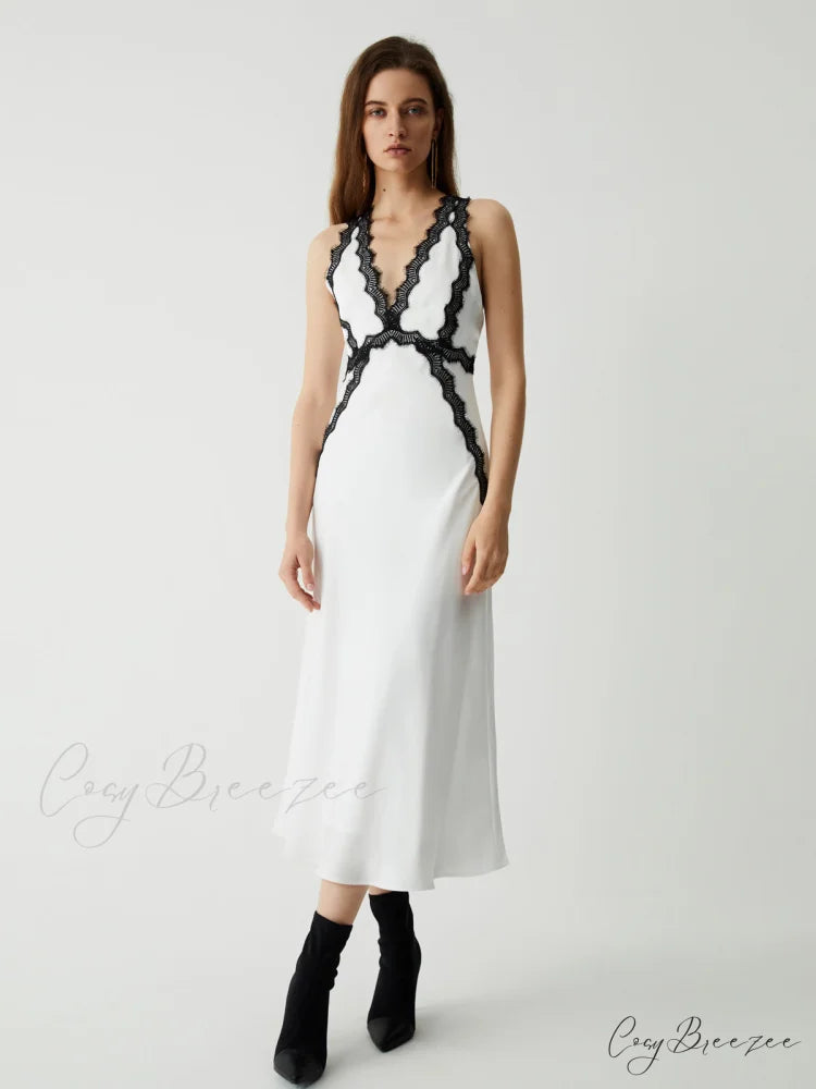 Contrast Lace Graceful Satin Long Dress