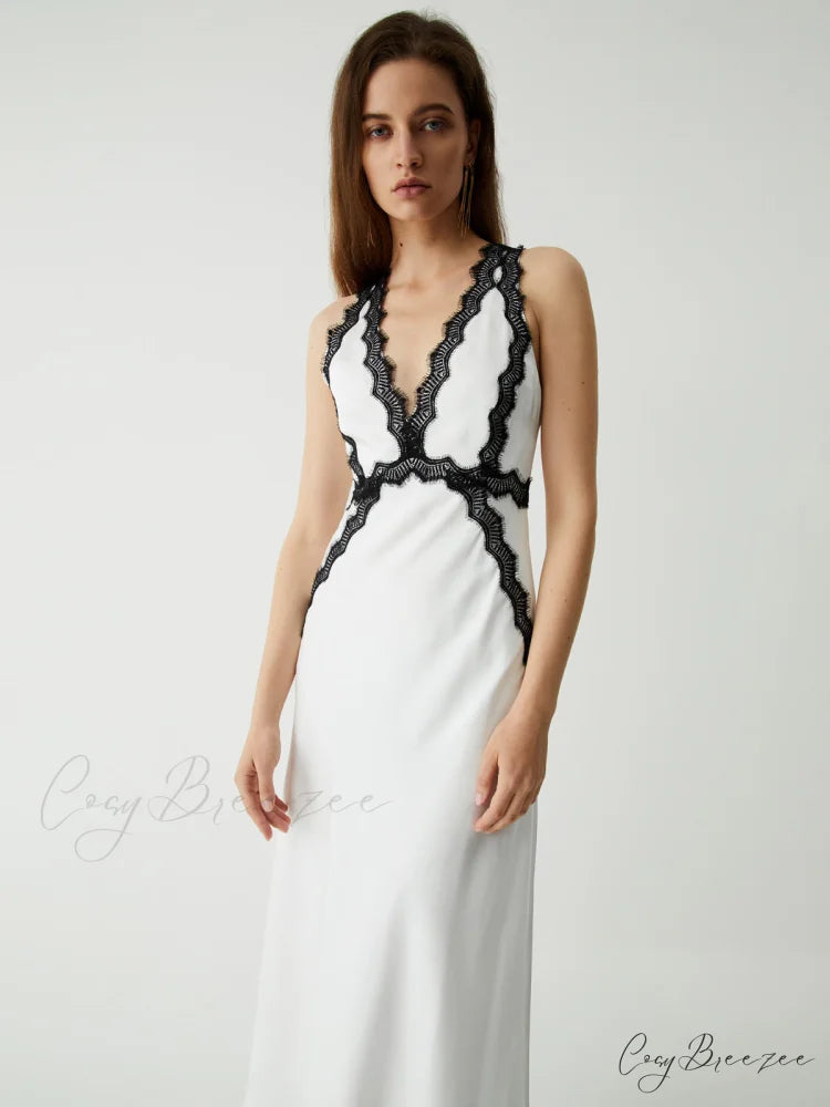 Contrast Lace Graceful Satin Long Dress