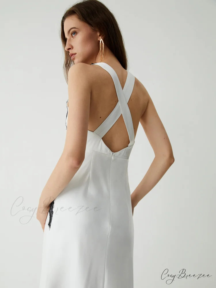 Contrast Lace Graceful Satin Long Dress