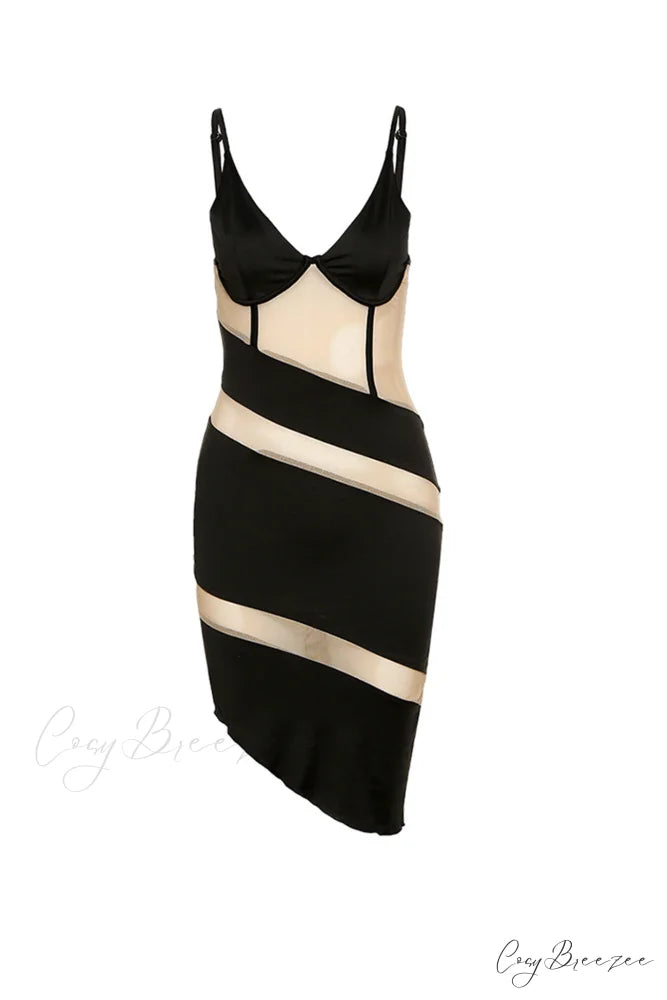 Contrast Mesh Irregular Cami Dress