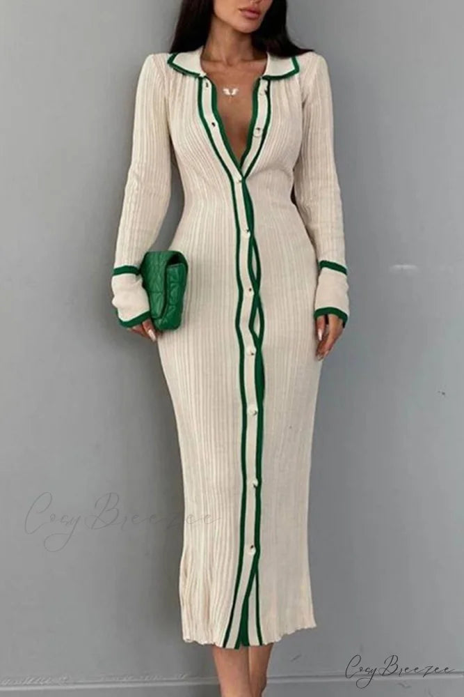 Contrast Ribbed Dress with Lapel Green / L