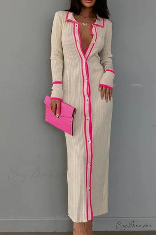 Contrast Ribbed Dress with Lapel Rose / L