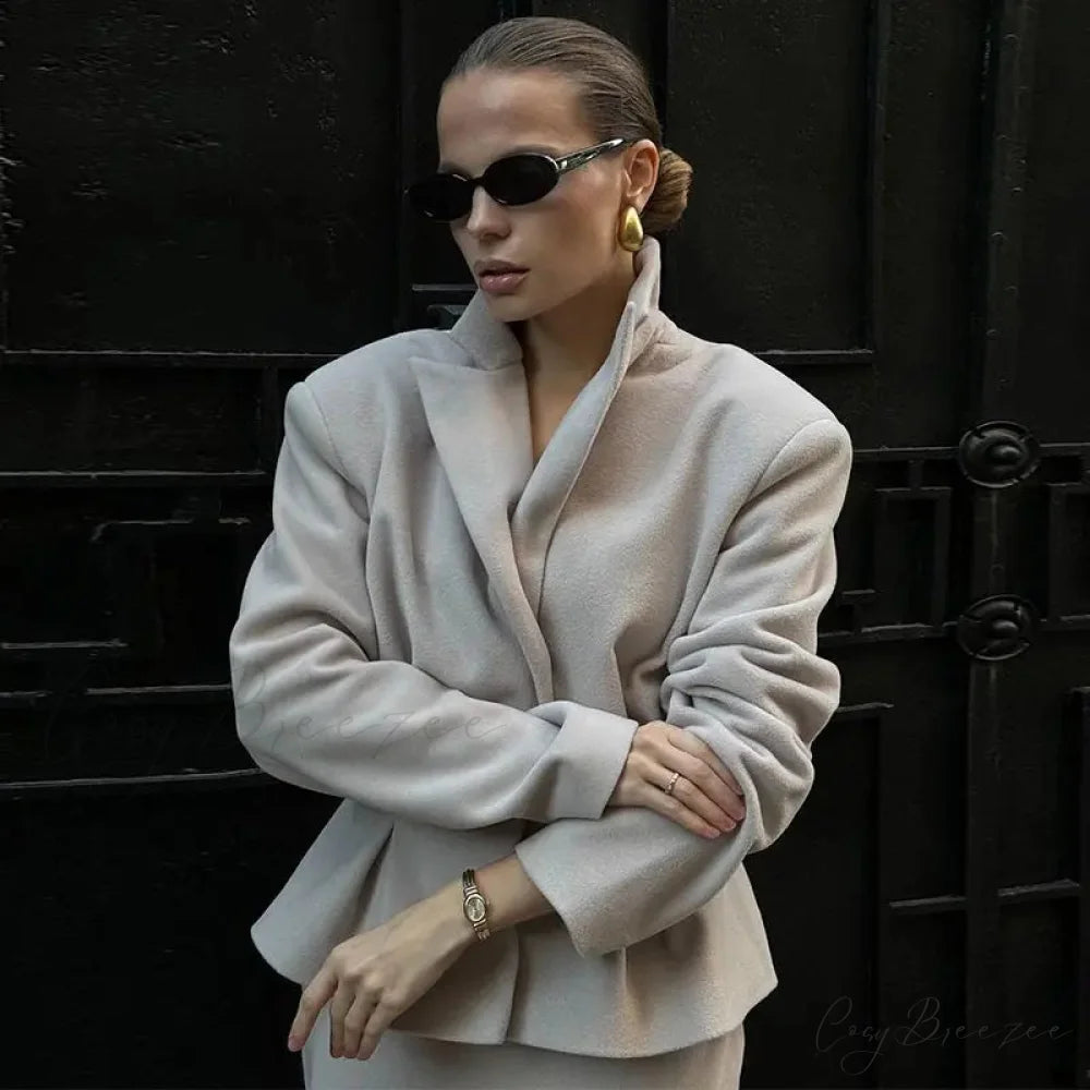 Contrast Ribbon Blazer Mini Skirt Formal Two Piece Set Apricot jacket top / M officetwopieceset-250223
