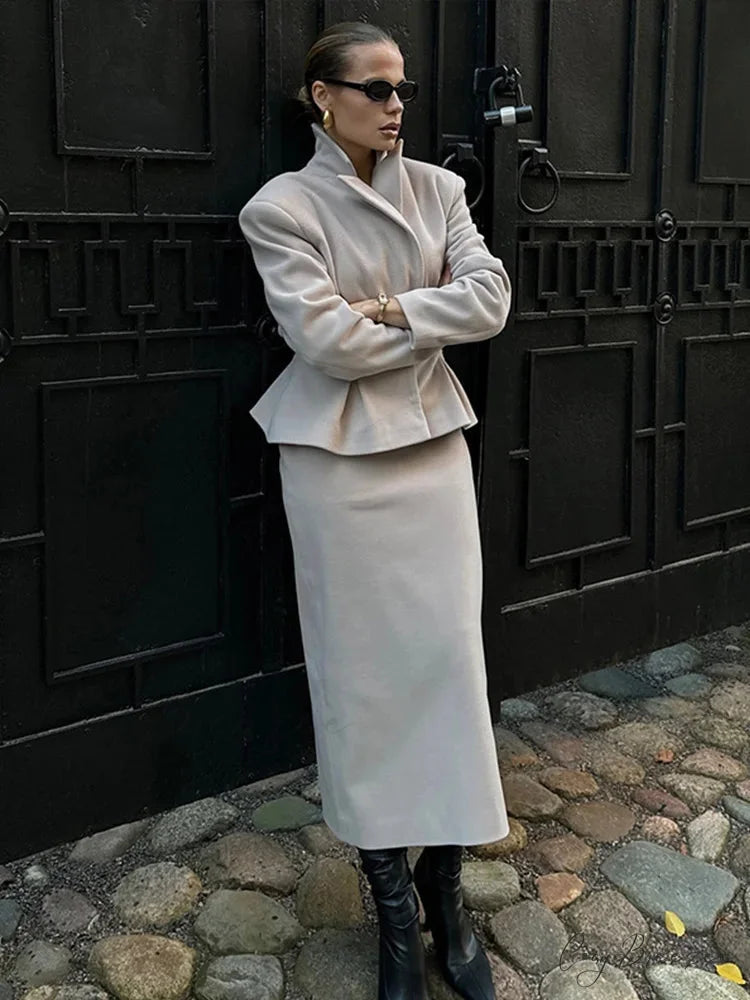 Contrast Ribbon Blazer Mini Skirt Formal Two Piece Set Apricot jacket top / S officetwopieceset-250223