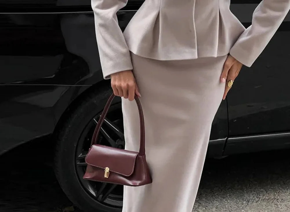 Contrast Ribbon Blazer Mini Skirt Formal Two Piece Set Apricot skirt / M officetwopieceset-250223