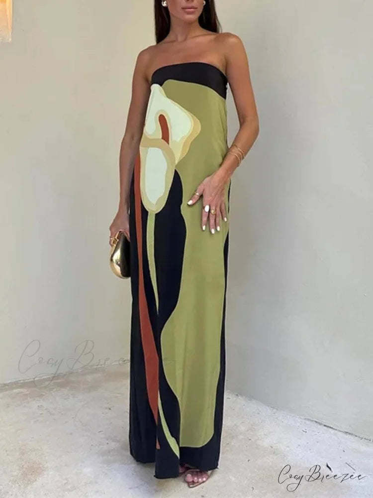 Contrast Sleeveless Off Charming Shoulder Printed Maxi Dress Green / S