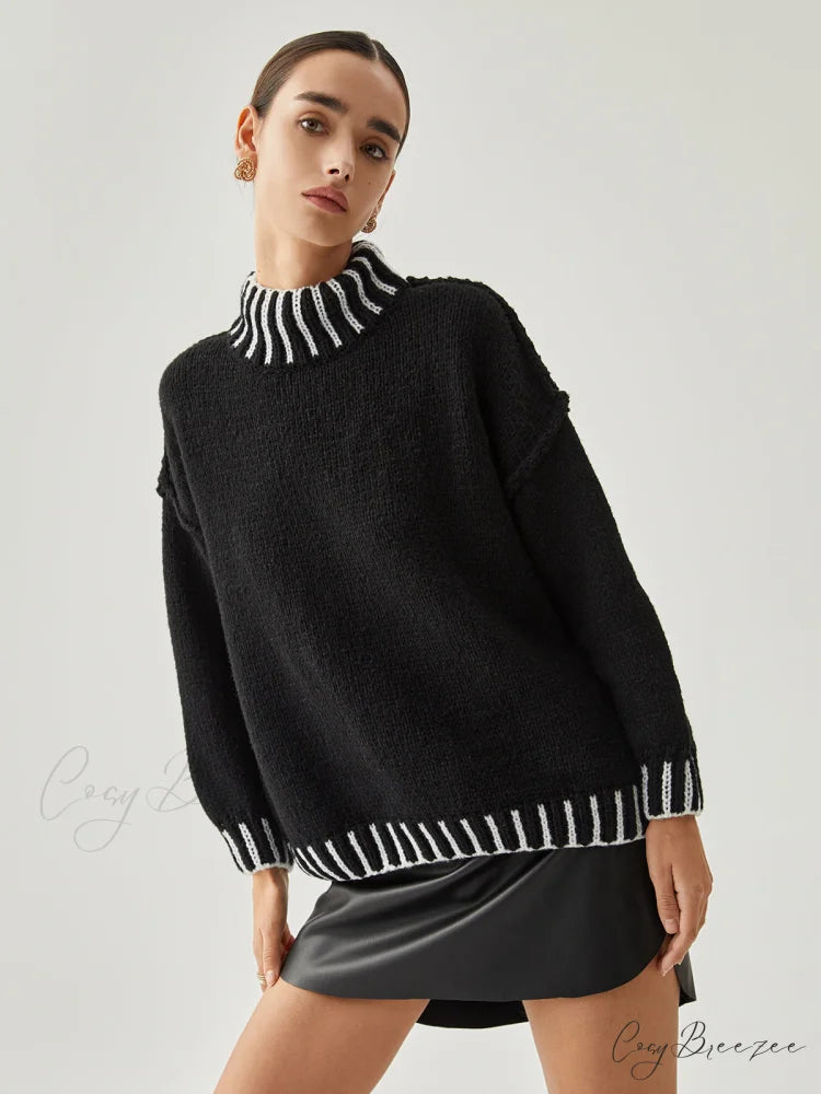 Contrast Stitch Graceful Mock Neck Sweater