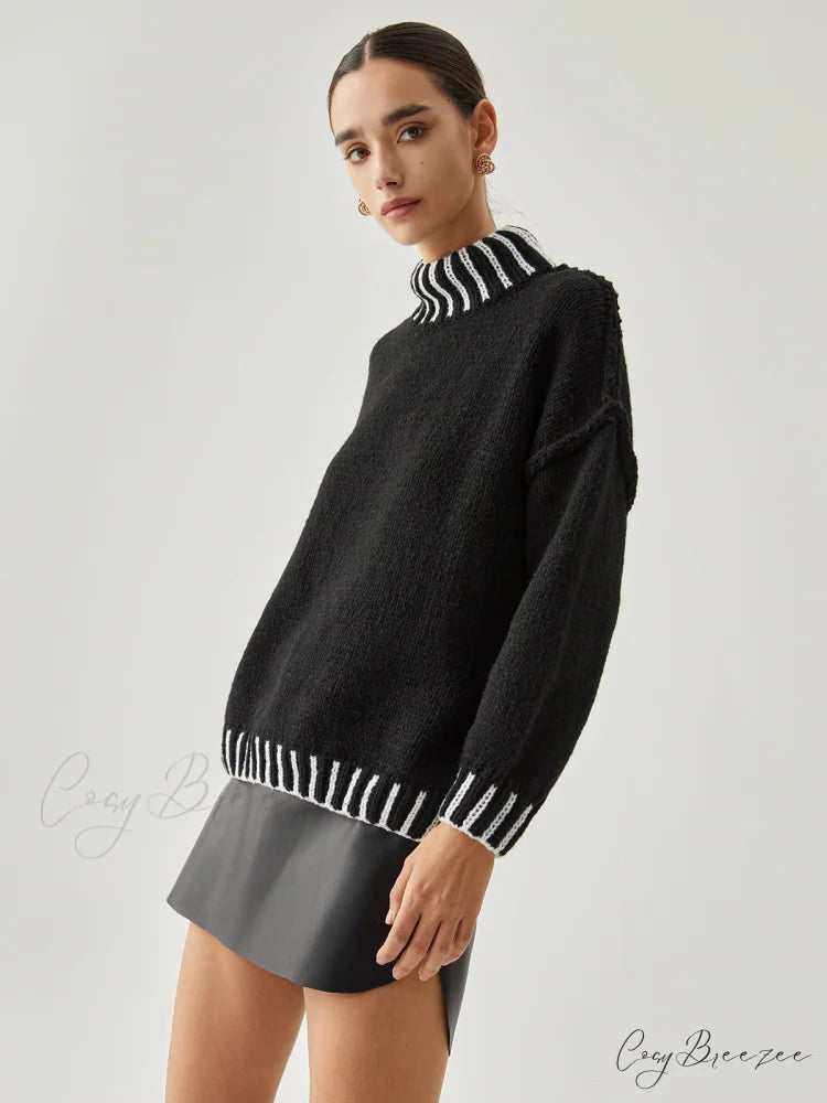 Contrast Stitch Graceful Mock Neck Sweater