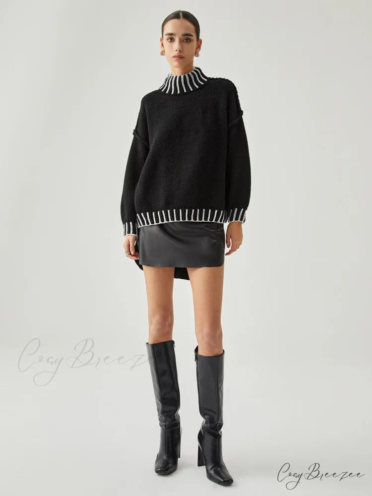 Contrast Stitch Graceful Mock Neck Sweater