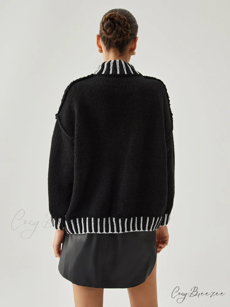 Contrast Stitch Graceful Mock Neck Sweater
