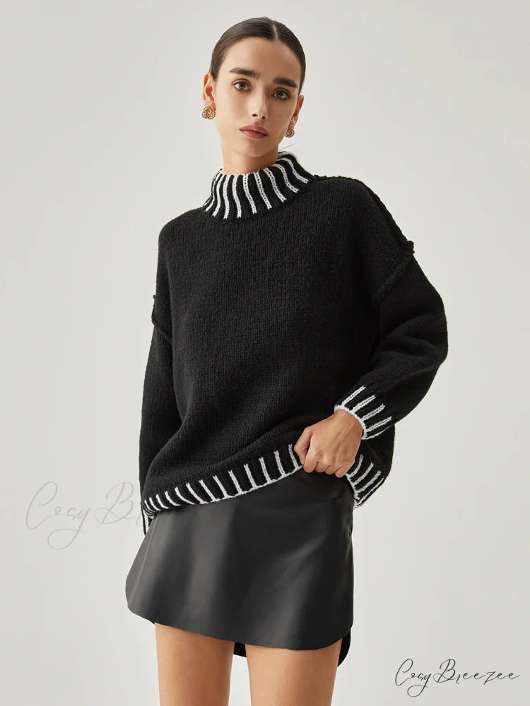 Contrast Stitch Graceful Mock Neck Sweater Black / S