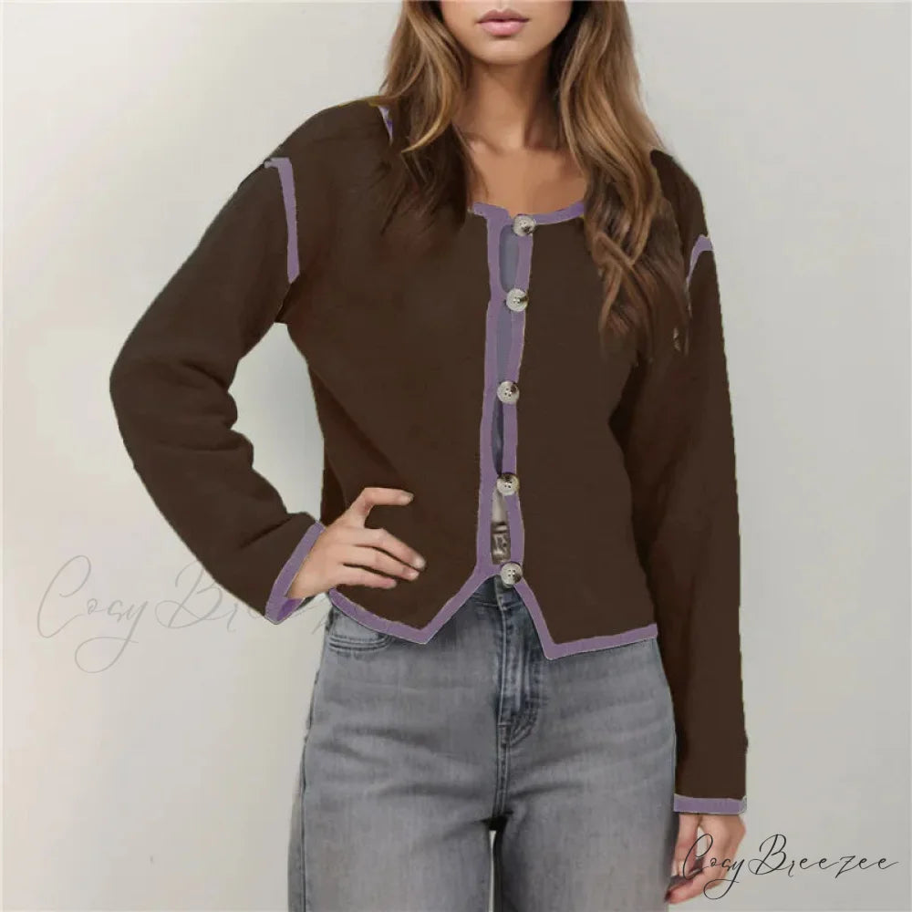 Contrast Stitching Full Sleeve Button Cardigan Dark Brown / S cardigans-241228