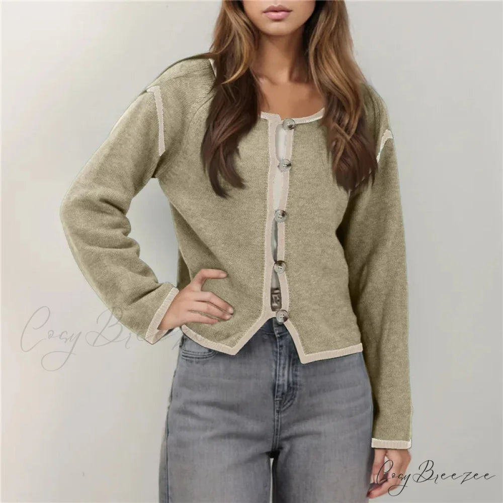 Contrast Stitching Full Sleeve Button Cardigan Khaki / S cardigans-241228