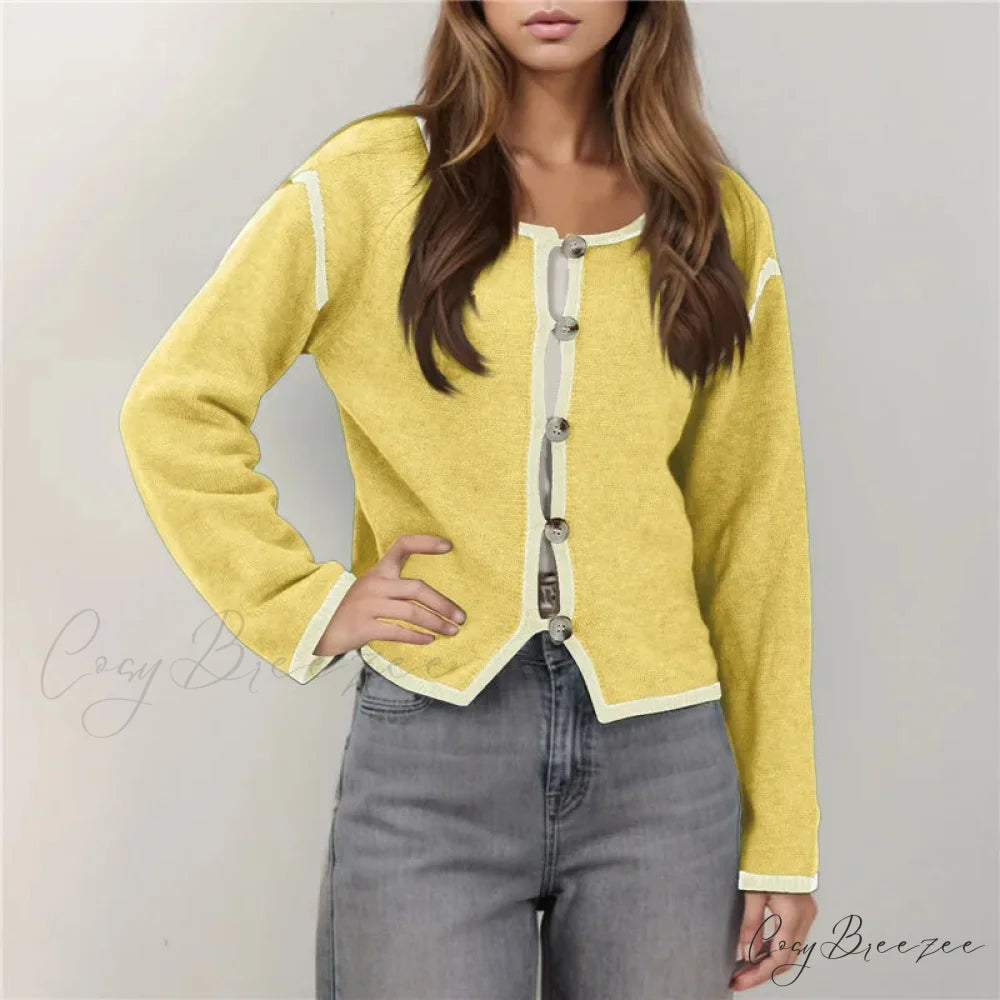 Contrast Stitching Full Sleeve Button Cardigan Yellow / S cardigans-241228